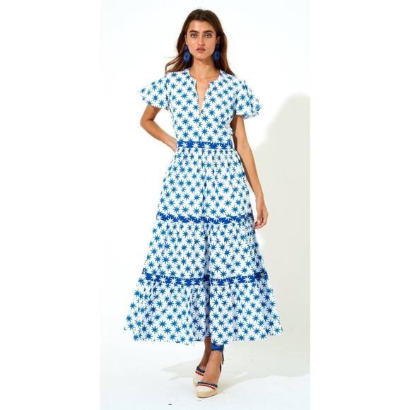 Oliphant V-Neck Flutter Sleeve Maxi Tiered Star Block Print Dress Tuckernuck - Picture 1 of 12